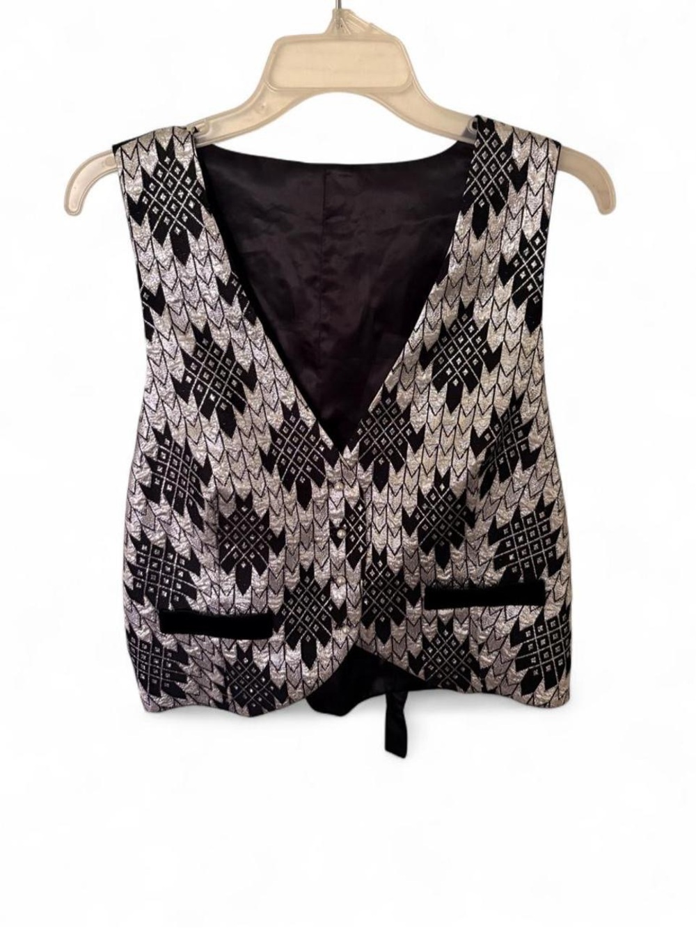 Vintage Silver Metallic Brocade Geometric Vest 🖤✨ M Art Deco Chevron Gwee